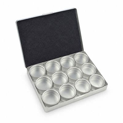 Aluminium  Tray containing 12 Clear Lid Storage Pots, 53mm Diameter.