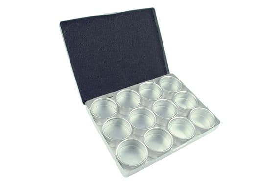 Aluminium  Tray containing 12 Clear Lid Storage Pots, 53mm Diameter.