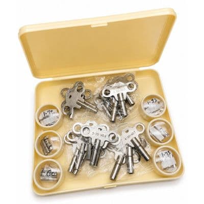 Assortment of 36 Clock Winding Keys in Storage Box. J2065