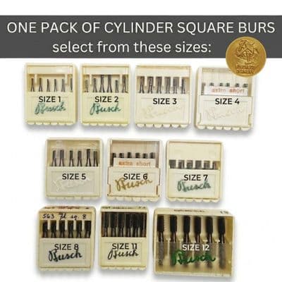 BURRS, OLD STOCK/CLEARANCE ONE PACK OF BUSCH CYLINDER SQUARE BURS, VARIOUS SIZES. B0004