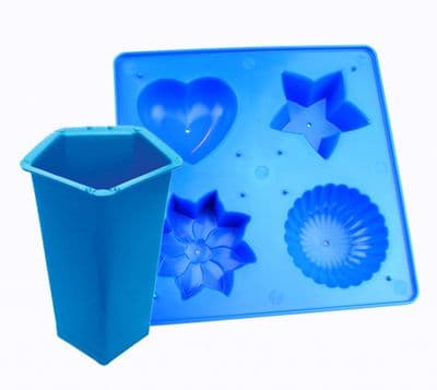 Candle Mould Set x 2, 1 x Pentagon 5 Sided Pillar & Tray with 4 Shapes, UK Made. S7610