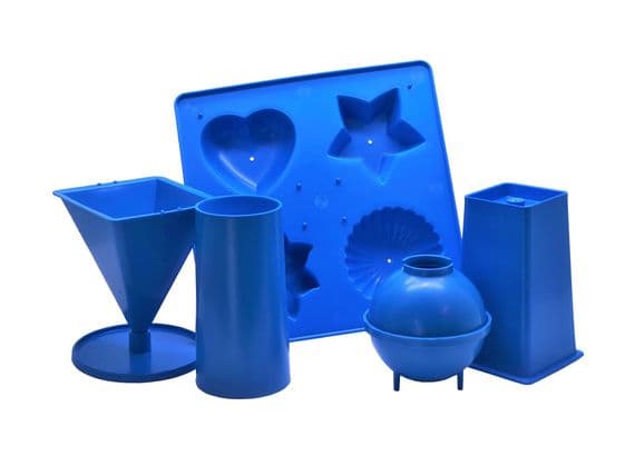 Candle Moulds, Set x 5, Tray, 1 Pillar, 1 Pyramid, 1 Sphere, 1 Square Top Rectangular. S7554
