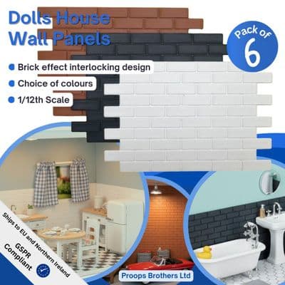 Dolls House Wall Panels, Brick Effect, Interlinking, Pack of 6, 1/12th Scale. A1012