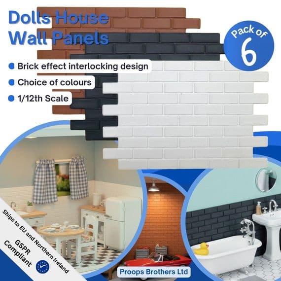Dolls House Wall Panels, Brick Effect, Interlinking, Pack of 6, 1/12th Scale. A1012