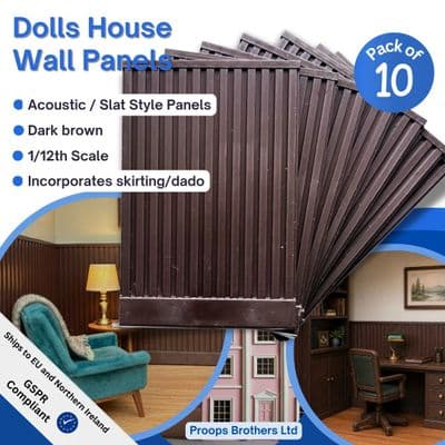 Dolls House Wall Panels, Dark Brown, Acoustic / Slat Style, Pack of 10, 1/12th Scale. A1022