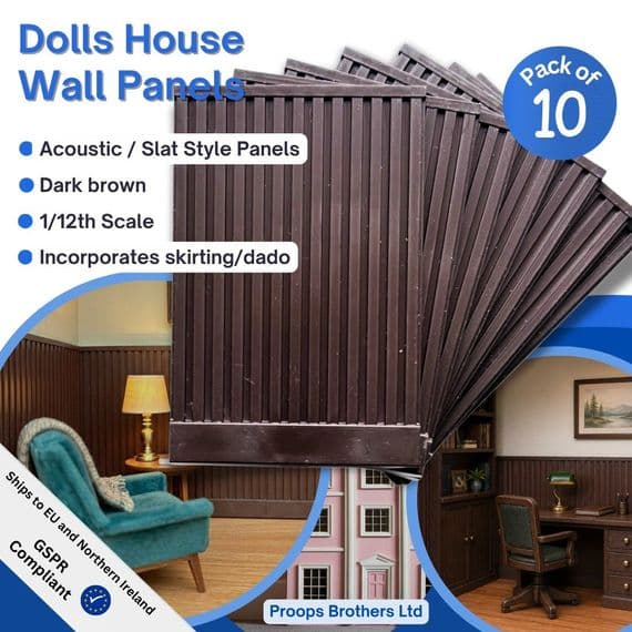 Dolls House Wall Panels, Dark Brown, Acoustic / Slat Style, Pack of 10, 1/12th Scale. A1022