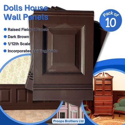 Dolls House Wall Panels, Dark Brown, Fielded Panels, Pack of 10, 1/12th Scale. A1005