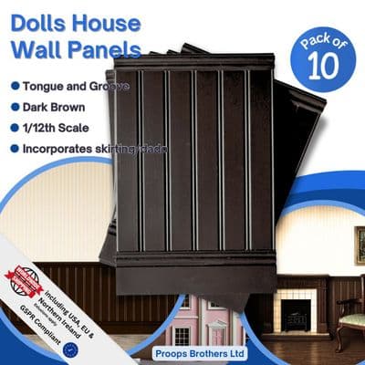 Dolls House Wall Panels, Dark Brown, Tongue and Groove, Pack of 10, 1/12th Scale. A1006