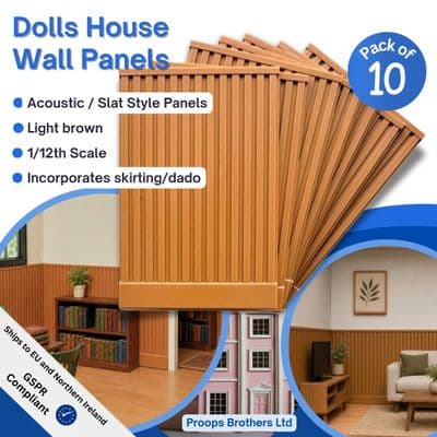 Dolls House Wall Panels, Light Brown, Acoustic / Slat Style, Pack of 10, 1/12th Scale. A1022
