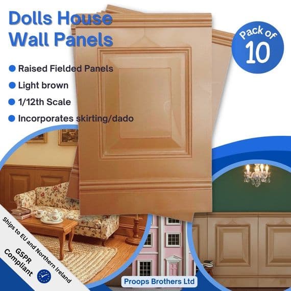 Dolls House Wall Panels, Light Brown, Fielded Panels, Pack of 10, 1/12th Scale. A1010