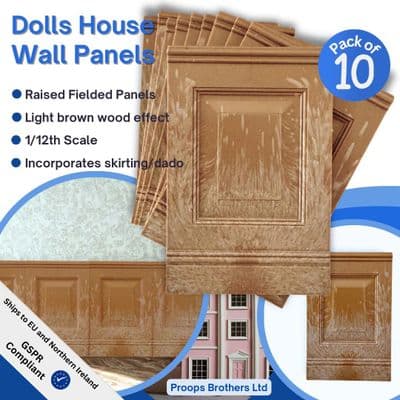 Dolls House Wall Panels, Light Brown Wood Effect, Fielded Panels, Pack of 10, 1/12th Scale. A1015
