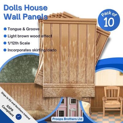 Dolls House Wall Panels, Light Brown Wood Effect, Tongue & Groove, Pack of 10, 1/12th Scale. A1014
