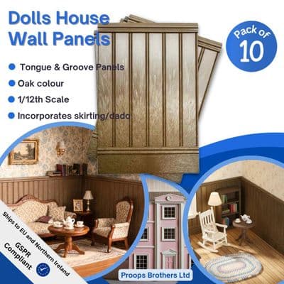Dolls House Wall Panels, Oak, Tongue and Groove, Pack of 10, 1/12th. A1004