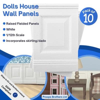 Dolls House Wall Panels, White, Fielded Panels, Pack of 10, 1/12th Scale. A1001