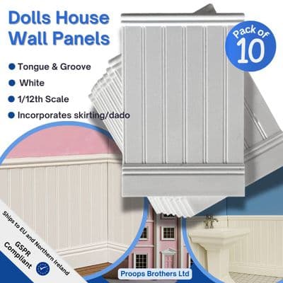 Dolls House Wall Panels, White, Tongue and Groove, Pack of 10, 1/12th Scale. A1002