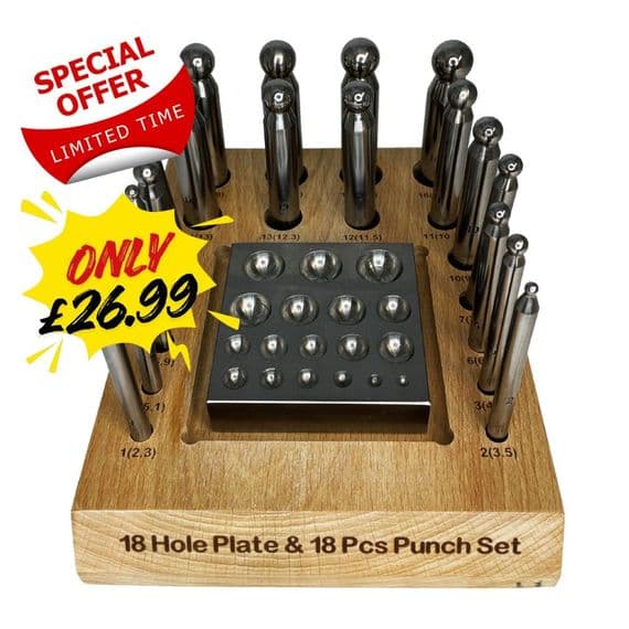 Doming Dapping Set, 18 Punches & Dapping Block to Suit with a Wooden Storage Stand. J2491