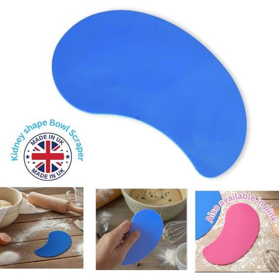 Flexible Plastic Scraper, Kidney Shaped, Blue. Pastry, Pizza Dough, Cake Mixing. UK Made. S7378