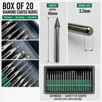 Jewellers/Watchmakers 20 Assorted Diamond Burrs 3.2mm Shank. M0203