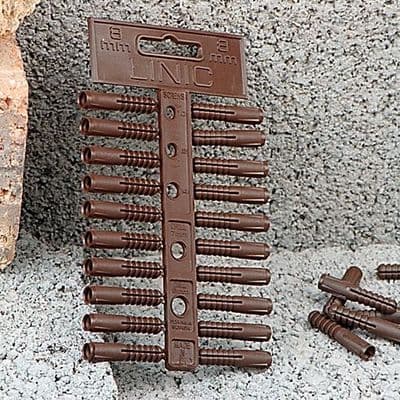 Linic UK Made Fixing Masonry Plastic Wall Plugs, 8mm (3 Strips of 20) BROWN. S7658