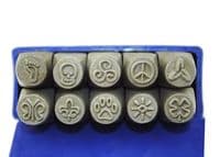 Metalwork Stamp Set of 10, Punch, Foot, Skull, Peace, Paw, Sun, Butterfly, Flower, Swirl Print J1291