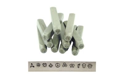 Metalwork Stamp Set of 10, Punch, Foot, Skull, Peace, Paw, Sun, Butterfly, Flower, Swirl Print J1291