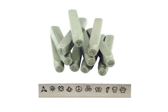 Metalwork Stamp Set of 10, Punch, Foot, Skull, Peace, Paw, Sun, Butterfly, Flower, Swirl Print J1291
