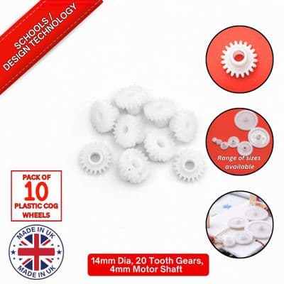 Pack of 10, 14mm Diameter Plastic Cog Wheels for 4mm Motor Shaft, 20 Tooth Gears. S7091