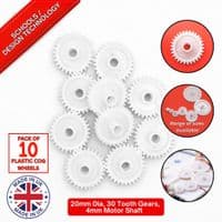Pack of 10, 20 mm Diameter Plastic Cog Wheels for 4mm Motor Shaft, 30 Tooth Gears. S7092