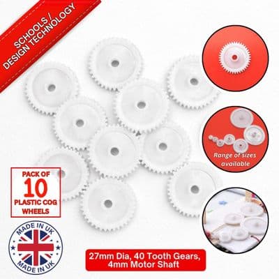 Pack of 10, 27 mm Diameter Plastic Cog Wheels for 4mm Motor Shaft, 40 Tooth Gears. S7093