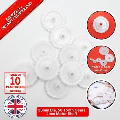 Pack of 10, 33 mm Diameter Plastic Cog Wheels for 4mm Motor Shaft, 50 Tooth Gears. S7094
