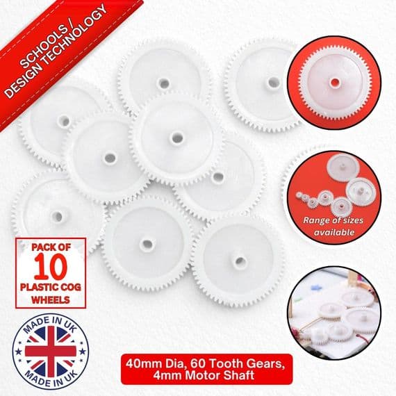 Pack of 10, 40 mm Diameter Plastic Cog Wheels for 4mm Motor Shaft, 60 Tooth Gears. S7095