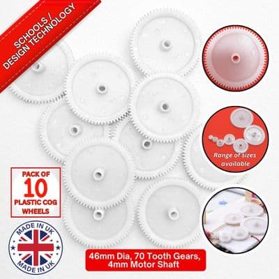 Pack of 10, 46 mm Diameter Plastic Cog Wheels for 4mm Motor Shaft, 70 Tooth Gears. S7096