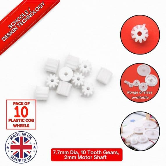 Pack of 10, 7.7 mm Diameter Plastic Cog Wheels for 2mm Motor Shaft, 10 Tooth Gears. S7097