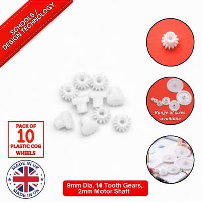 Pack of 10, 9mm Diameter Plastic Cog Wheels for 2mm Motor Shaft, 14 Tooth Gears. S7098