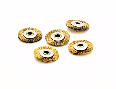Pack of 5 Unmounted Large Brass Wire Flat Wheel Brushes, 3.2mm Bore. X8124