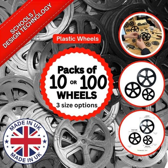 Plastic Project Bore Wheels, Lightweight, Black,  3 Sizes Available.