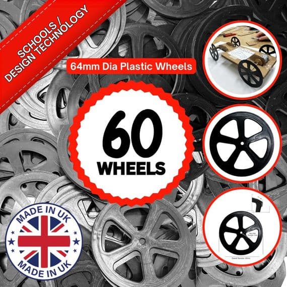 Plastic Project Bore Wheels, Lightweight, Black, Bag of 60,  64mm Dia. S7401B