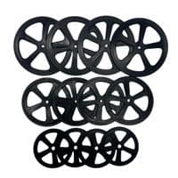 Plastic Project Bore Wheels, Lightweight, Black, Pack of 12, 3 Mixed Sizes. S7401C
