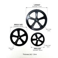 Plastic Project Bore Wheels, Lightweight, Black, Pack of 12, 3 Mixed Sizes. S7401C