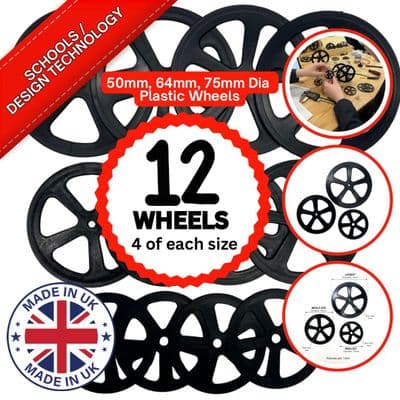 Plastic Project Bore Wheels, Lightweight, Black, Pack of 12, 3 Mixed Sizes. S7401C