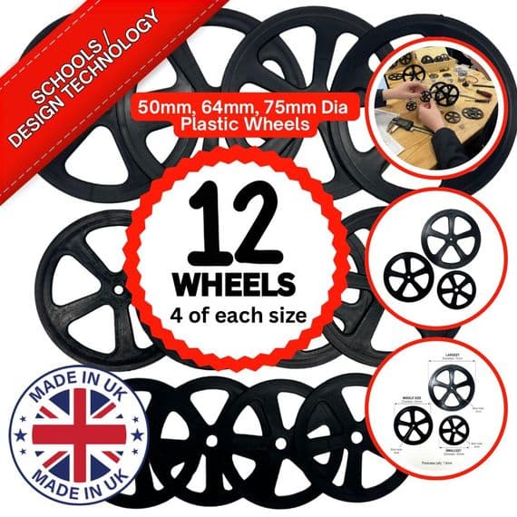 Plastic Project Bore Wheels, Lightweight, Black, Pack of 12, 3 Mixed Sizes. S7401C