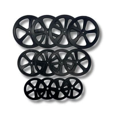 Plastic Project Bore Wheels, Lightweight, Black, Pack of 12, 3 Mixed Sizes. S7401C
