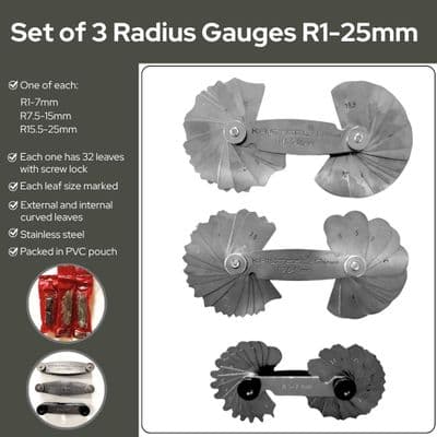 Radius Gauge, Set of 3 , 1 - 25mm, Dual End, Measuring, Folding, Engineers. D8047