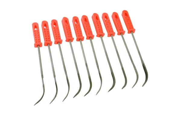 Riffler Needle File Set, 10 Bent Curved 140mm Files with Red Plastic Handles. F9977