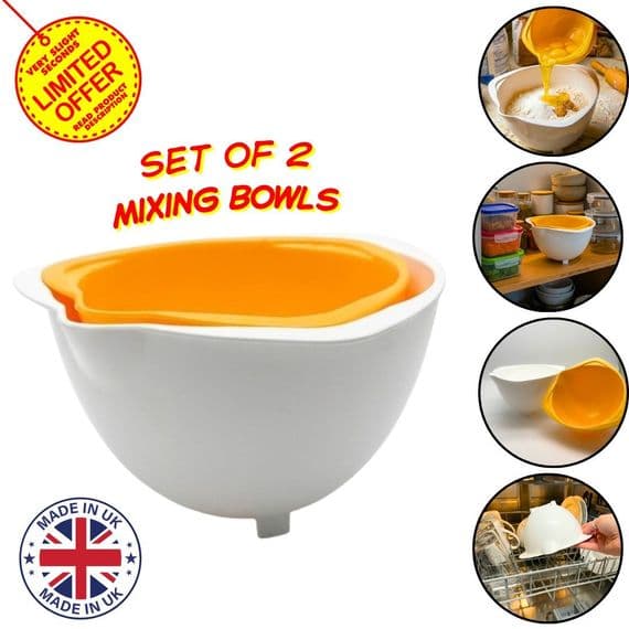 Set of 2 Nesting Plastic Mixing Bowls with Pouring Lip, Yellow and White. S7652