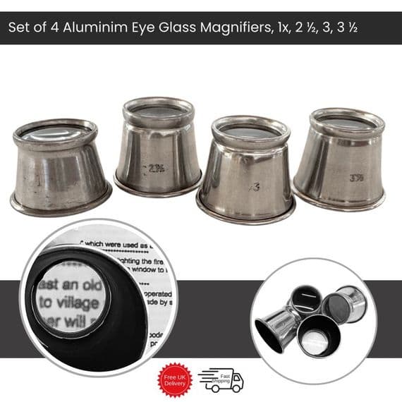 Set of 4 Aluminium Eyeglasses, 1x, 2½, 3, 3½ Magnification. V5421