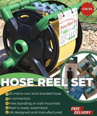 UK Made Thru Feed Hose Reel with 25 metre Hose & Connectors.  X7082