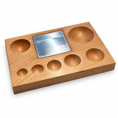 Wooden Dapping Block with 7 Depressions and Steel Bench Block Anvil. J1191