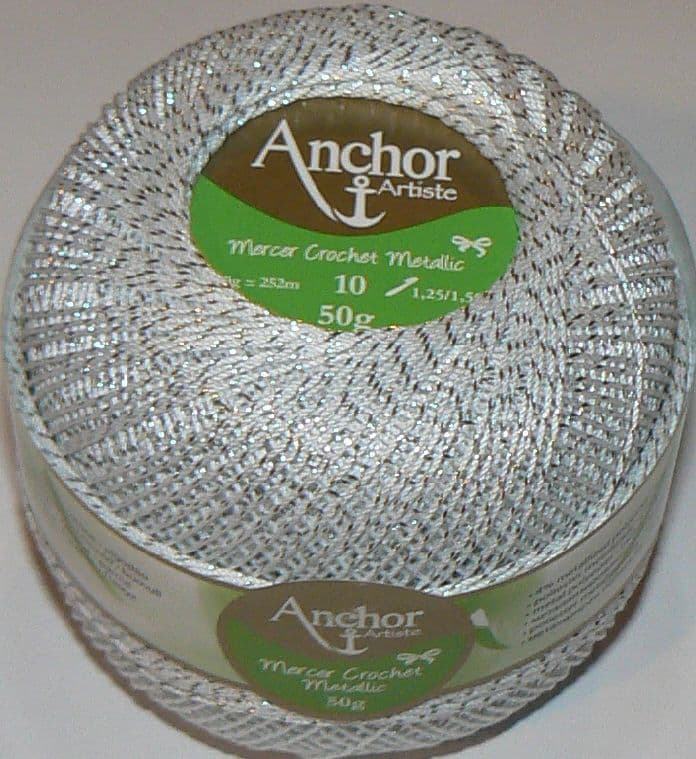 Anchor Artiste Mercer Crochet METALLIC Thread No 10 Cotton 01 WHITE & SILVER