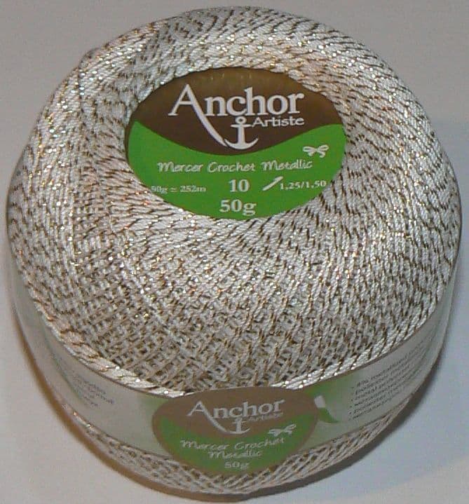 Anchor Artiste Mercer Crochet METALLIC Thread No 10 Cotton 7001 White Gold REDUCED
